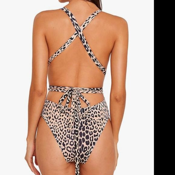 NEVER WORN Criss Cross TieKnot Front Deep V Open Back Leopard - Picture 2 of 4